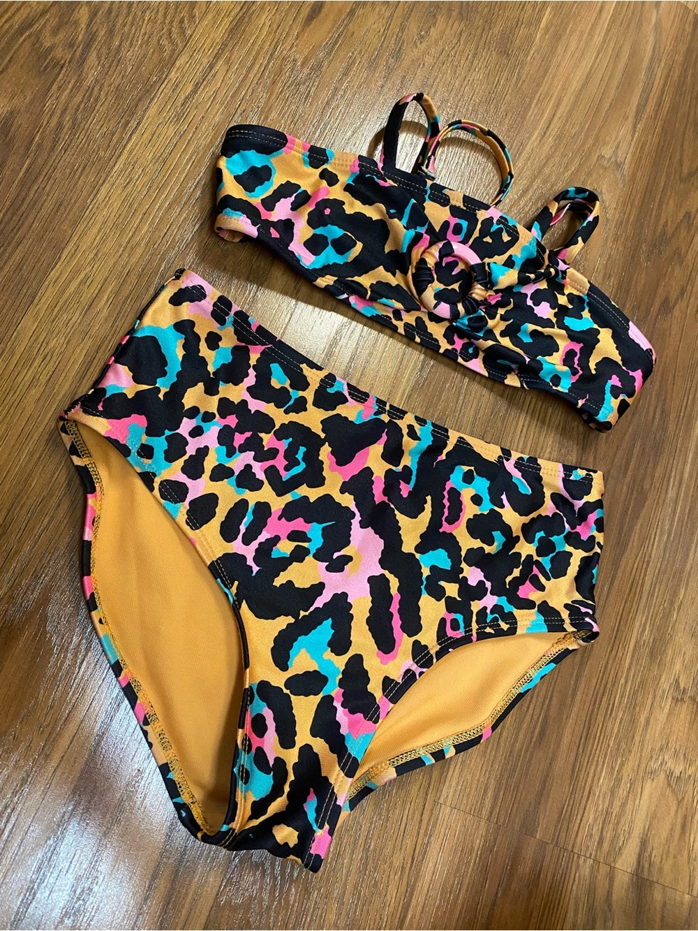 Colorful Leopard Print Two-Piece Bikini Set - Mustard, Pink & Teal